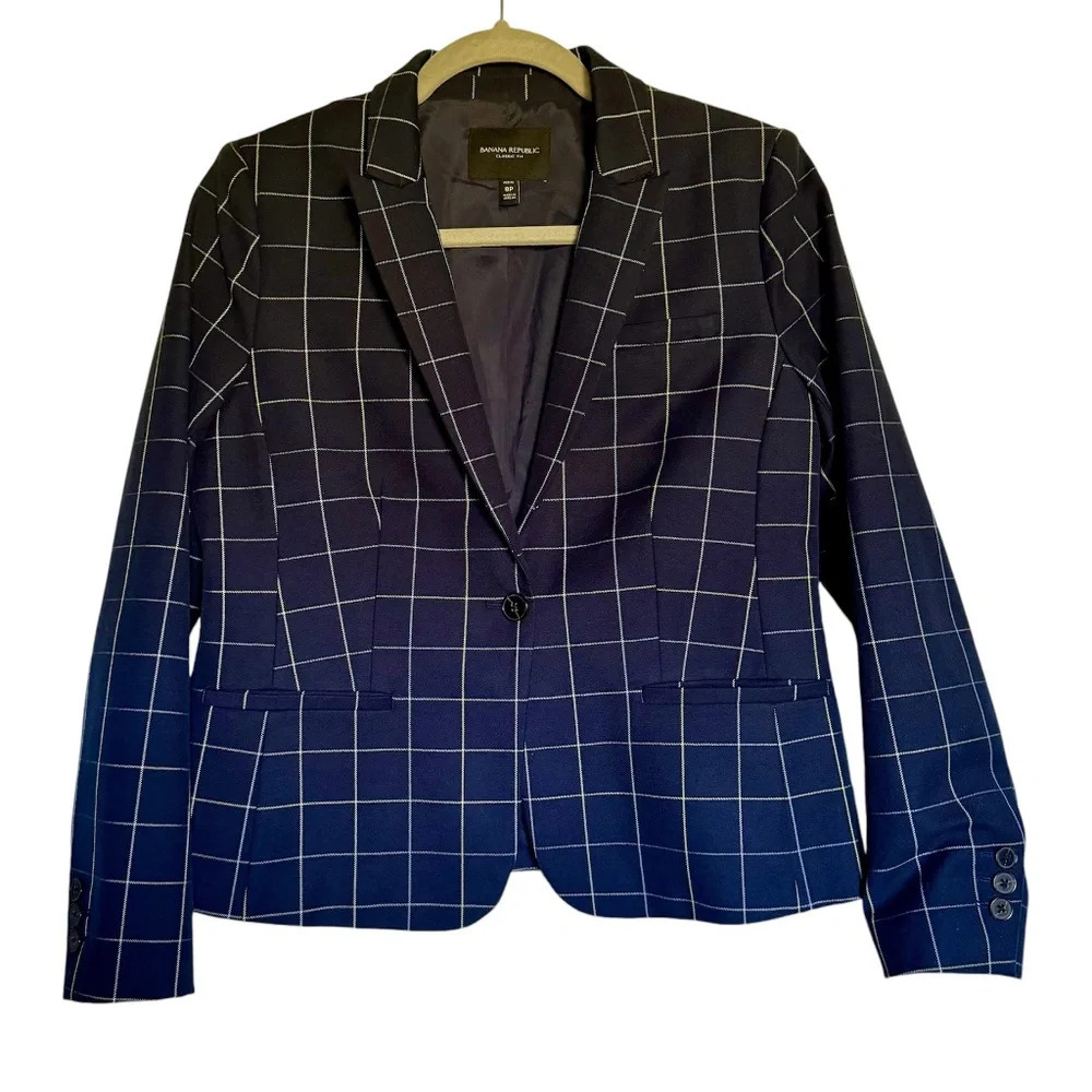 Banana Republic Classic‎ Fit Navy Windowpane Plaid Blazer Size 8 Petite Preppy